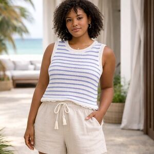J. Crew White and Light Blue Striped Knit Tank Top